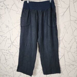Me & Gee Italy Navy 100% Linen Pull On Wide Leg Pants